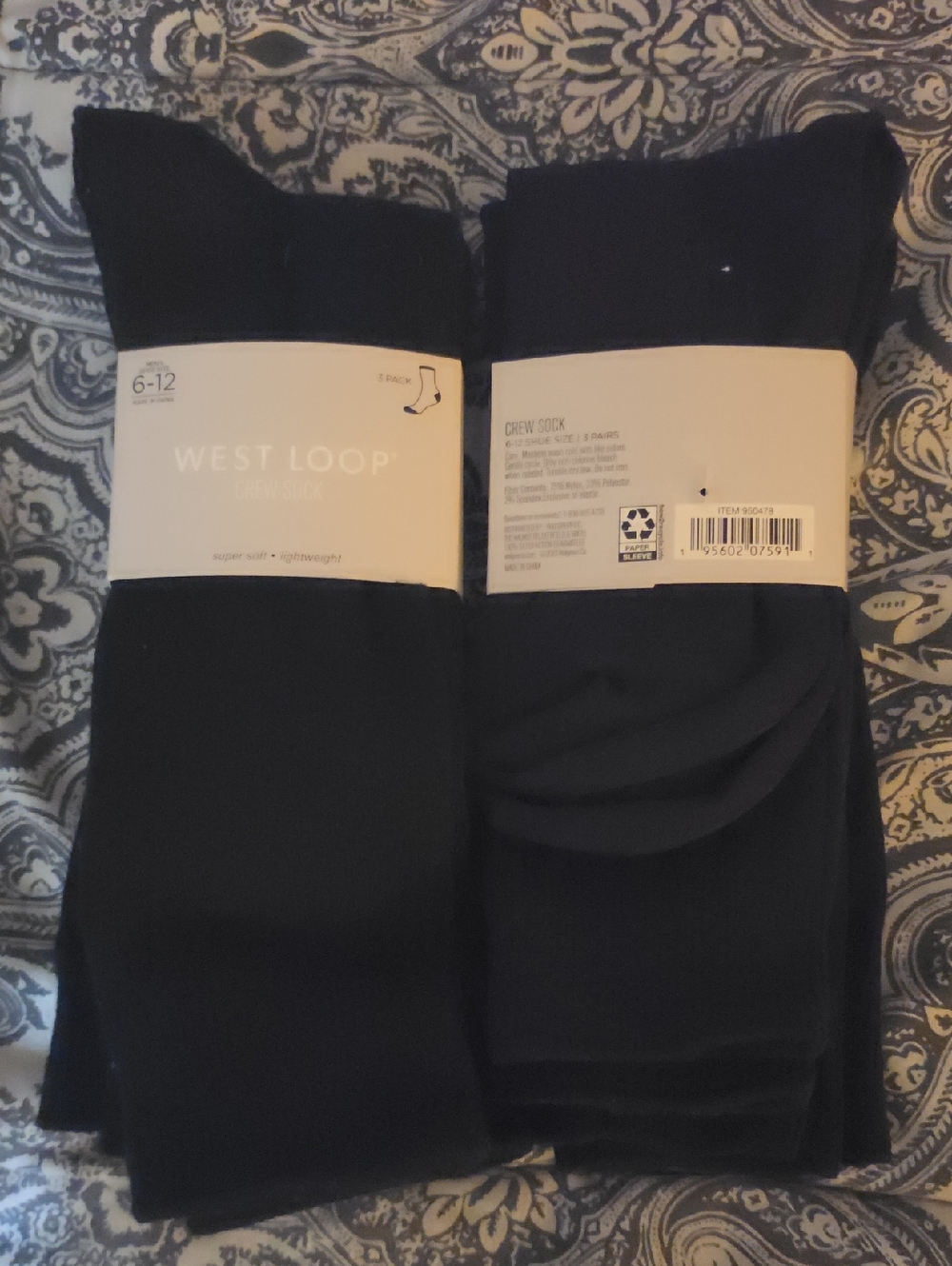 West Loop Black Crew Socks - (2) Packs Of 2